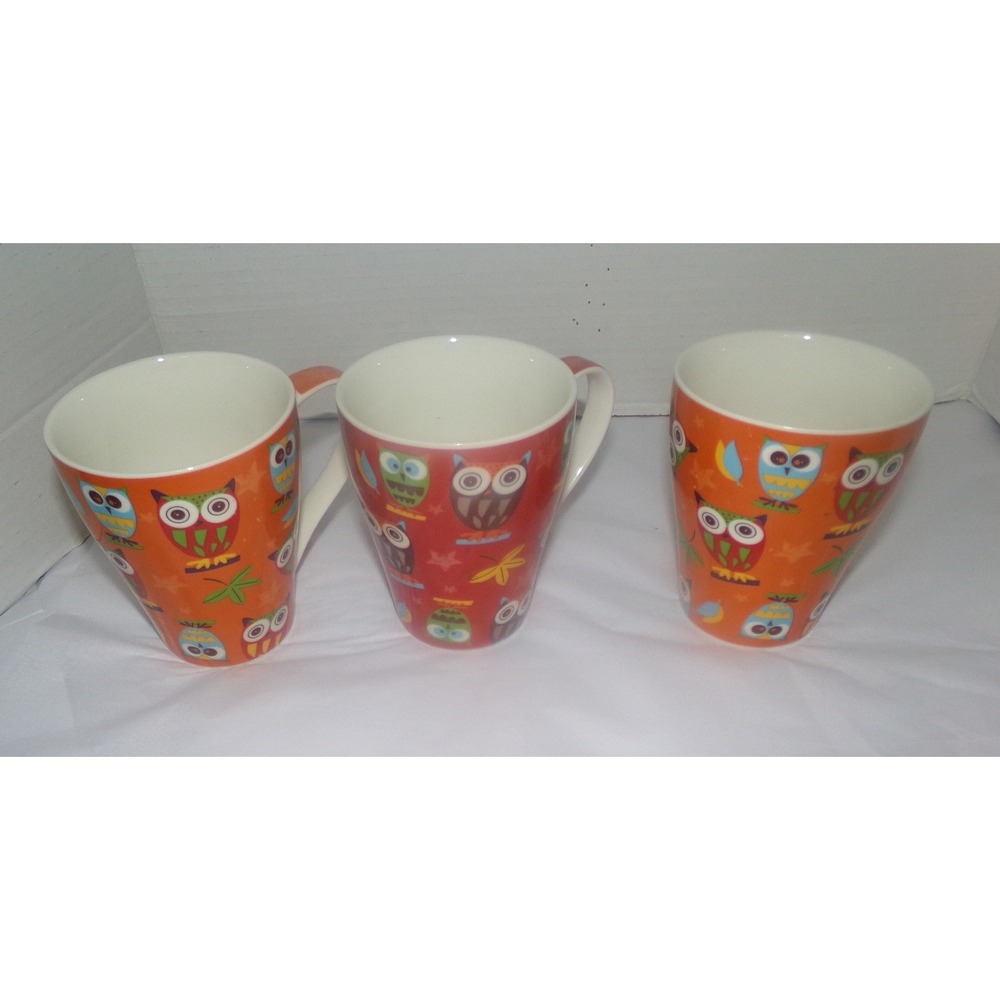 Burton + Burton Owl Coffee Mugs Set of 3 Orange Red Ceramic Whimsical Tea Cups